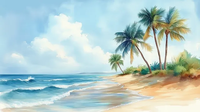 Watercolor beach shoreline with palm trees, soft waves, and pastel sky horizon