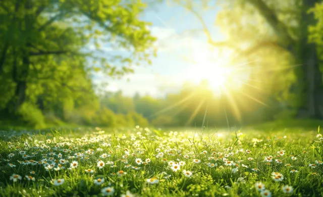 Sunlit spring meadow with wildflowers, leafy trees, and glowing rays through soft haze