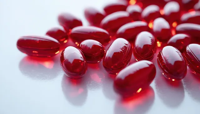 Close-up of glossy red translucent softgel capsules scattered on reflective white surface