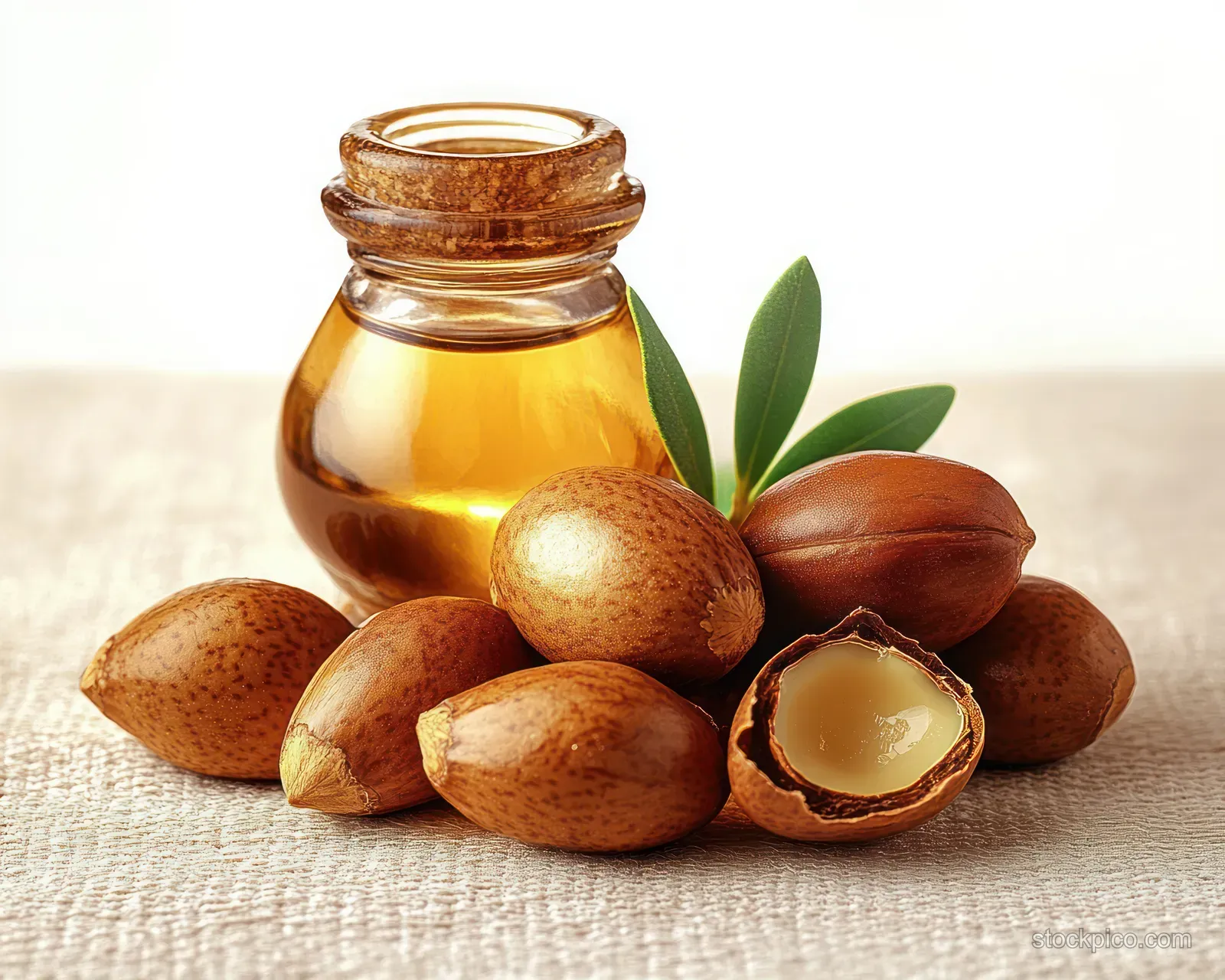 A glass jar of golden nut oil with cracked brown nuts and green leaves on textured fabric.