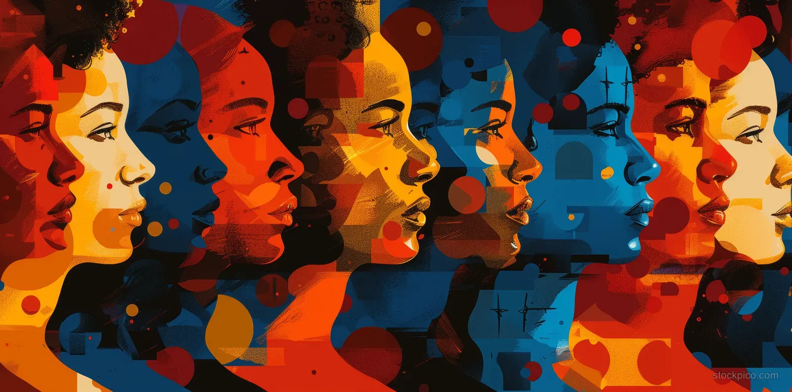 Seamless pattern collage of colorful pop art human face silhouettes in red, blue, and orange shapes with dots.