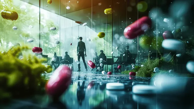 Colorful pills float in front of a rainy city walkway with silhouetted clinicians behind glass.