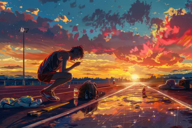 A German heptathlete stretches on a track at dusk with a glowing sunset sky and lane markings behind her.