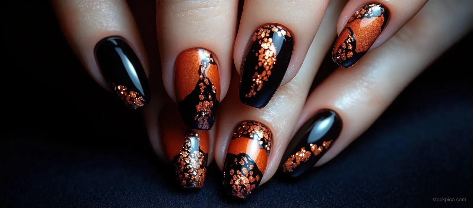 Manicured fingers display glossy black and metallic copper glitter nail polish with intricate abstract patterns.