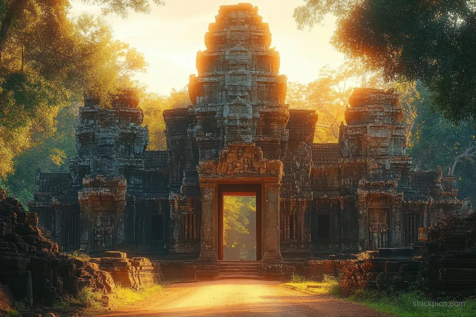 Warm sunlight shines through the central gate of overgrown ancient stone temple ruins in a forest.