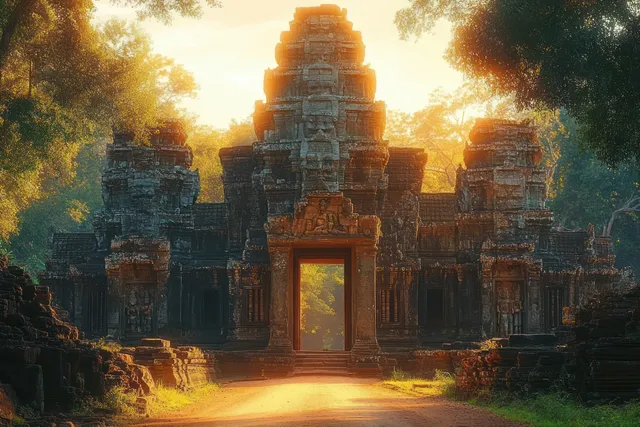 Warm sunlight shines through the central gate of overgrown ancient stone temple ruins in a forest.