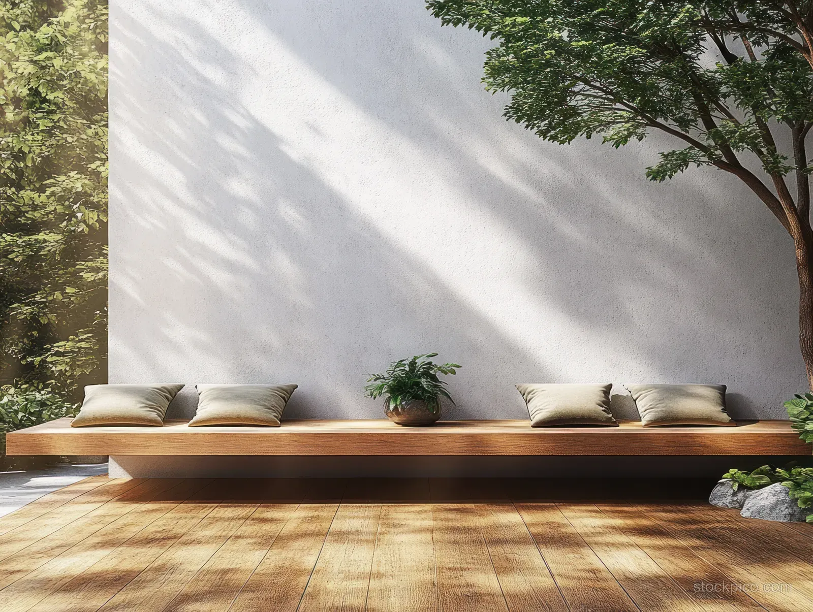 Low wooden bench with soft cushions and small potted plants on a sunlit outdoor terrace wall.