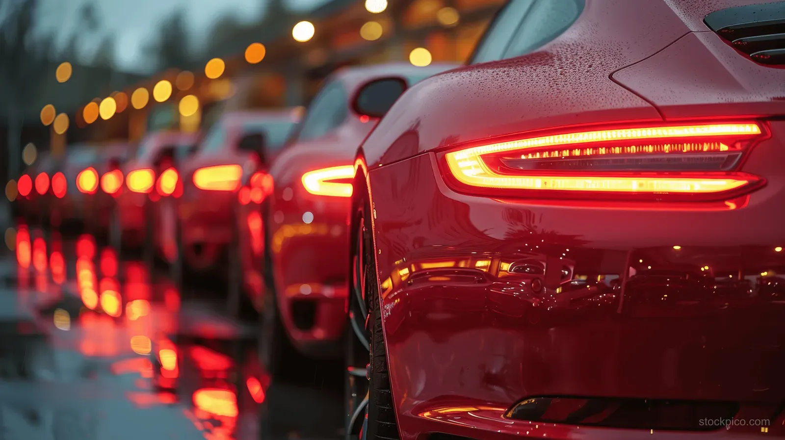 A red car parked in an outdoor vehicle lot at sunset with glowing taillights and blurred rows behind.