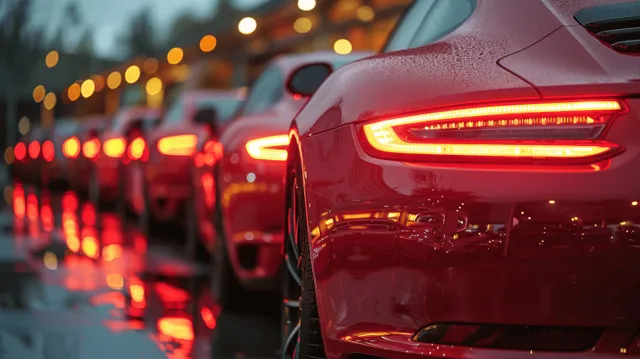A red car parked in an outdoor vehicle lot at sunset with glowing taillights and blurred rows behind.