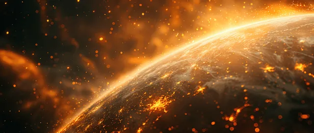 Glowing orange Earth in outer space with fiery light streaks and cosmic dust