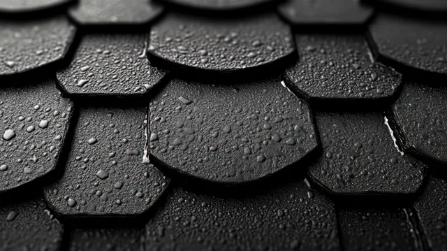 Black overlapping roof shingles covered with water droplets on a wet, textured surface.