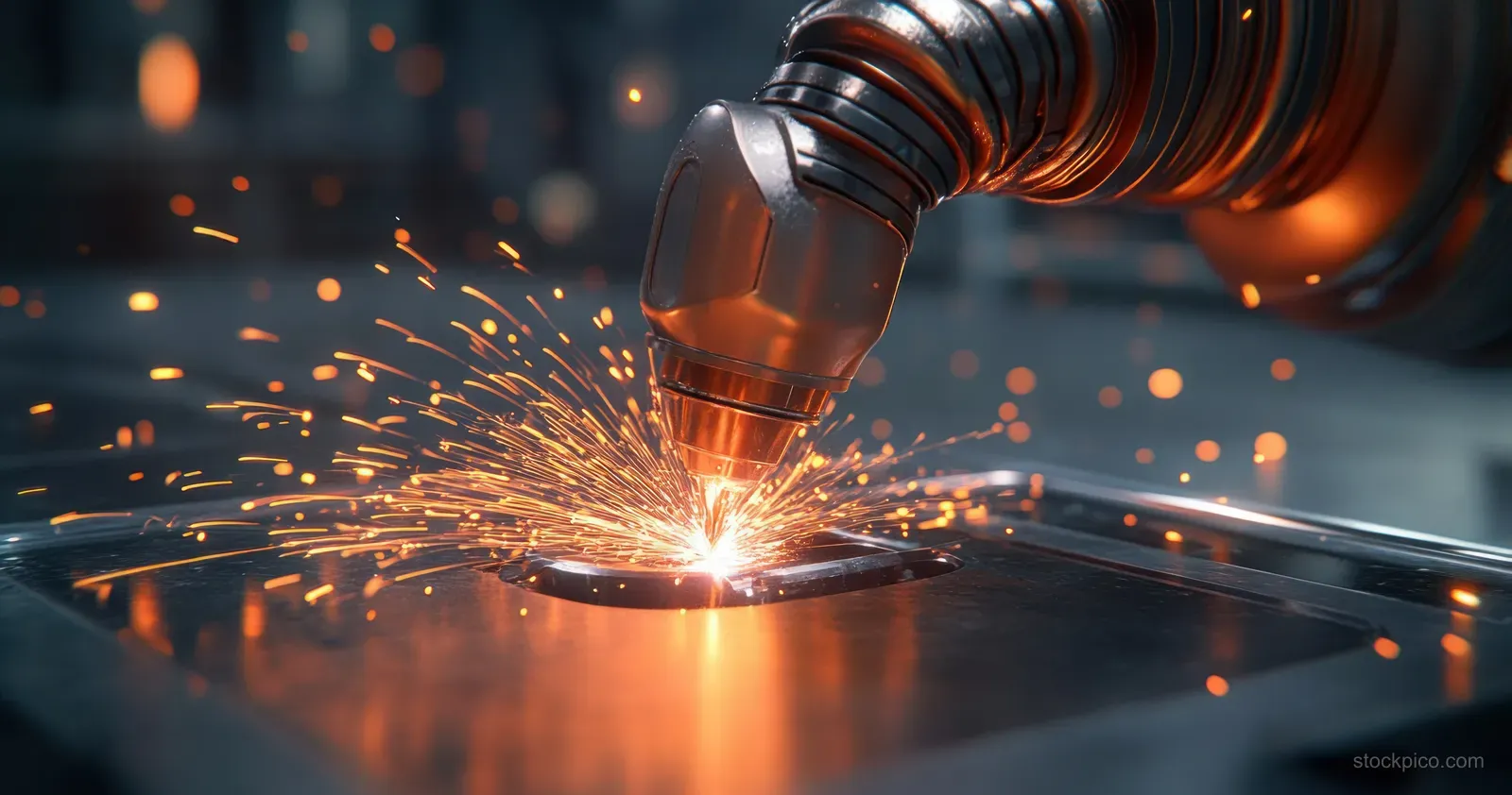 Robotic nozzle melts metal powder with bright sparks as a turbine-like part forms on a build plate.