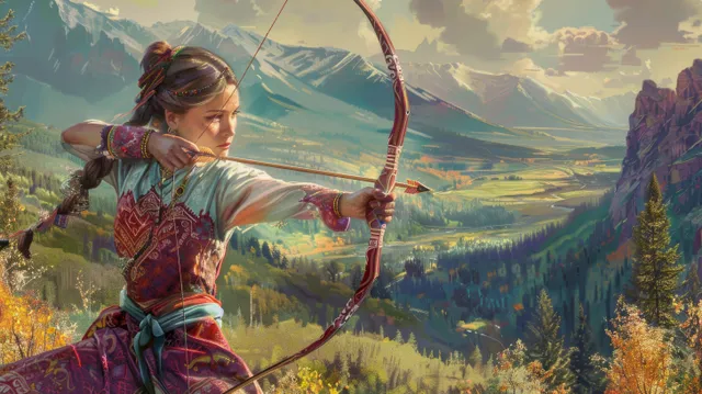 A traditional Russian archer woman draws an ornate bow while aiming in a sunlit mountain forest scene.