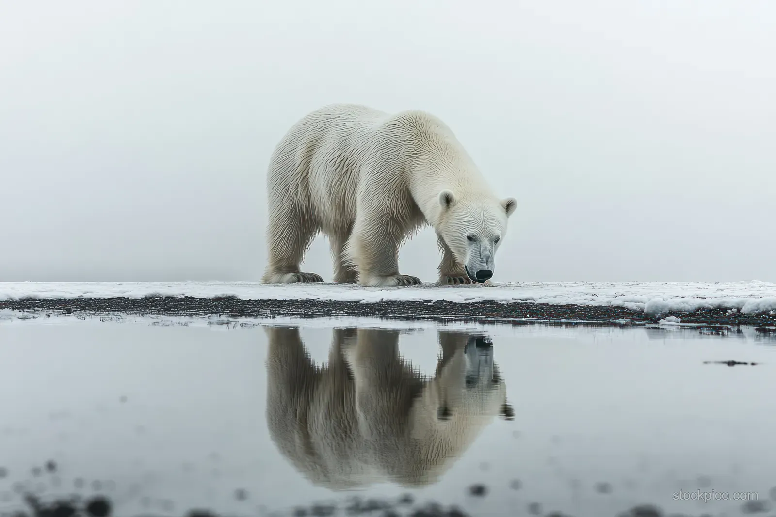 A solitary polar bear stands on ice beside still water, mirroring its image in misty arctic conditions.