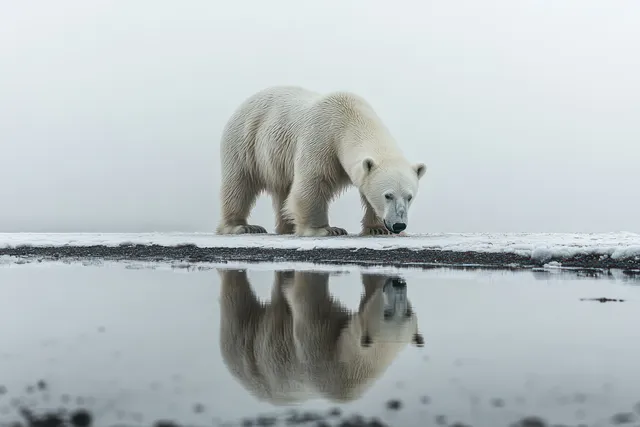 Solitary polar bear walking near reflective icy water in misty arctic air