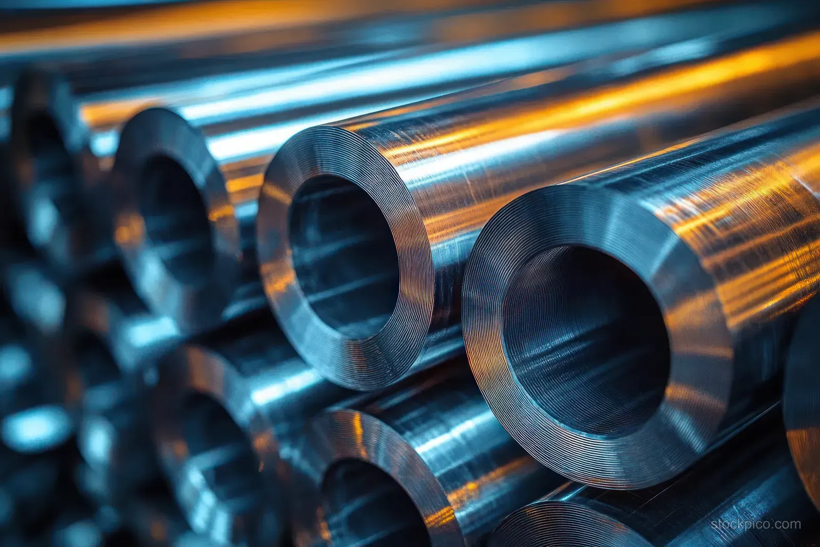 Stacked reflective metal pipes with hollow openings lit by contrasting warm and cool tones.