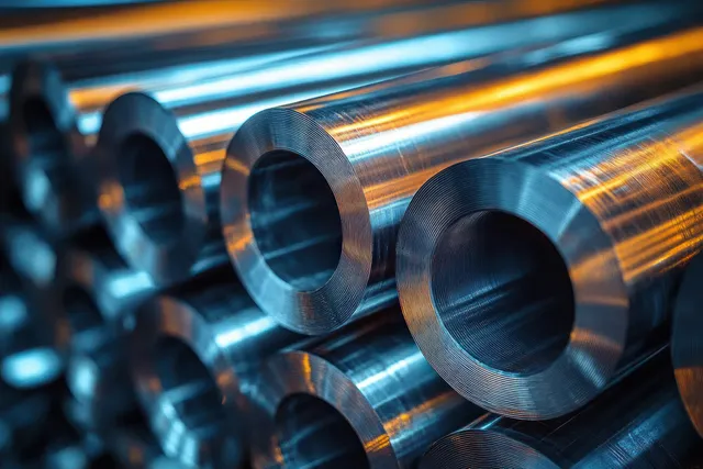 Reflective industrial metal pipes stacked in rows with warm and cool rim lighting