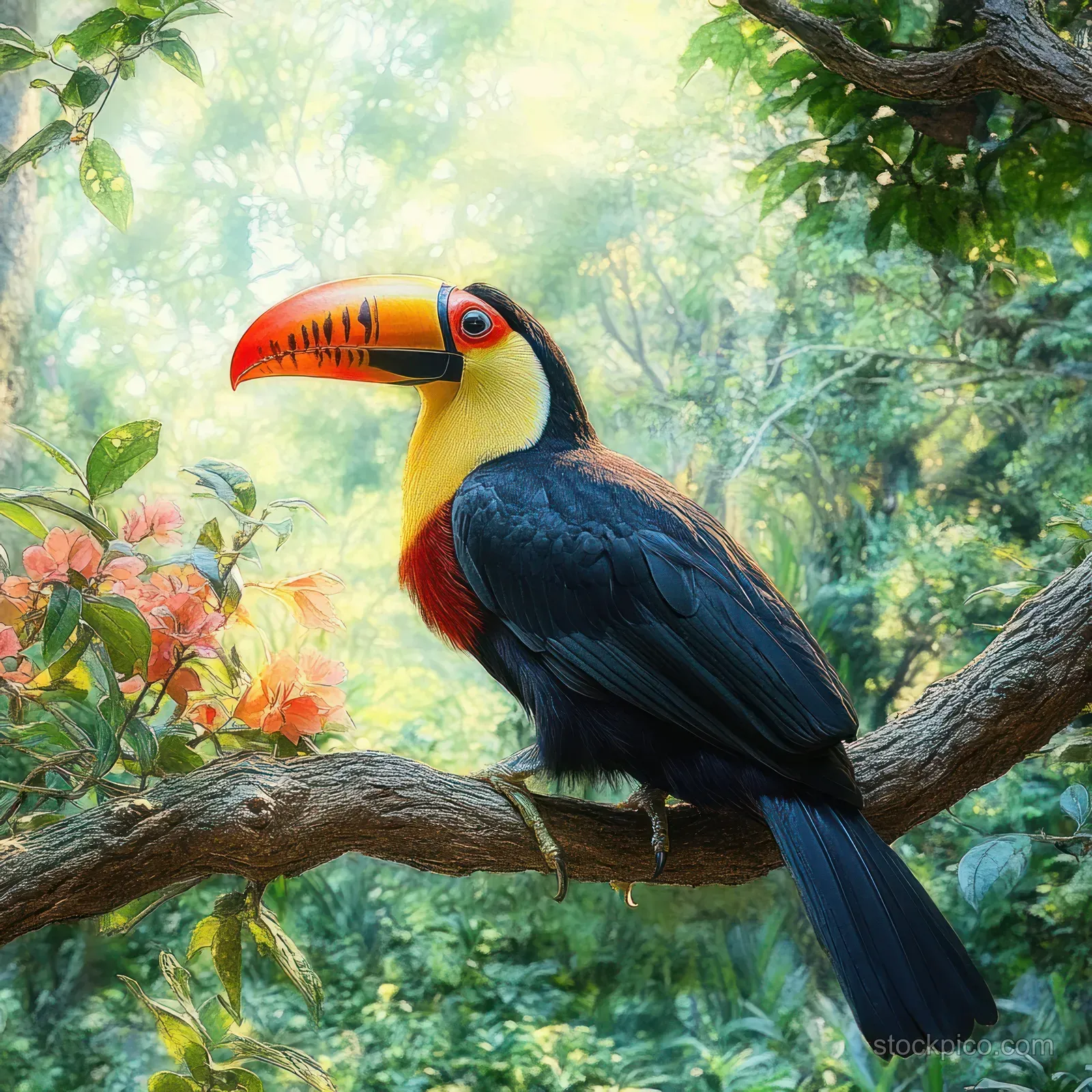 A colorful toucan perched on a tree branch with lush green foliage, orange flowers, and sunlit tropical forest background.