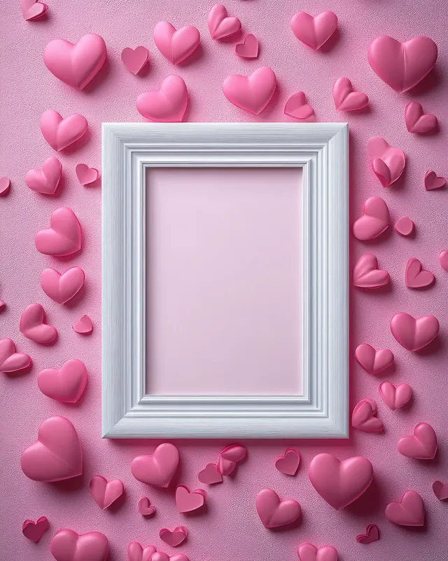 White photo frame centered on a pink textured background with scattered three-dimensional pink hearts around it.