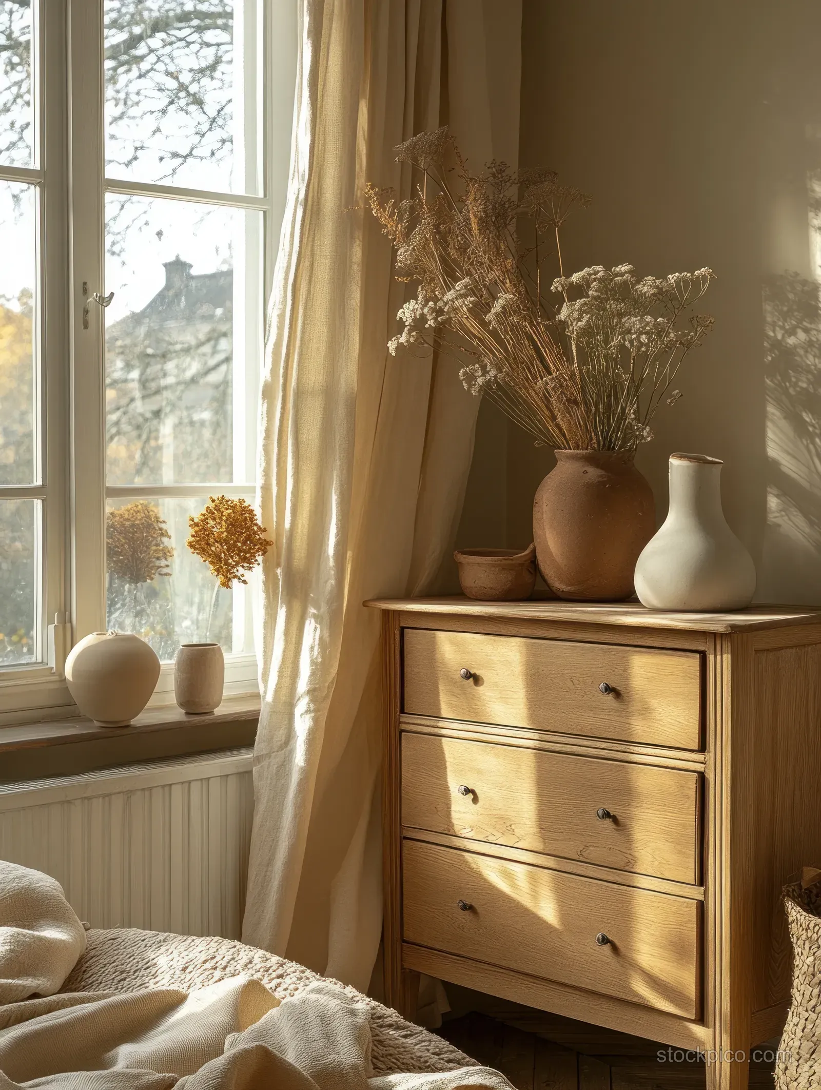 A wooden chest of drawers sits beside a large window with warm sunlight, linen bedding, and decorative vases on top.
