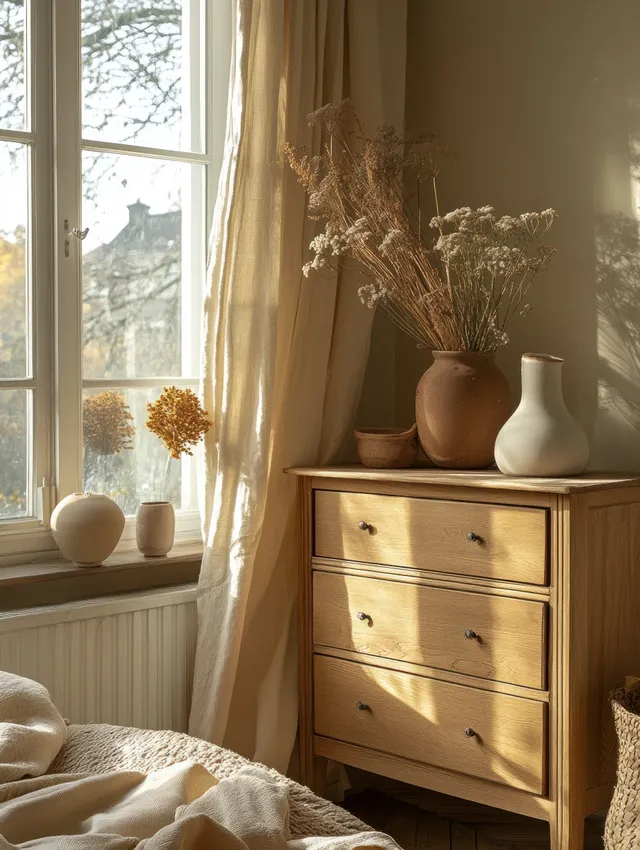 A wooden chest of drawers sits beside a large window with warm sunlight, linen bedding, and decorative vases on top.