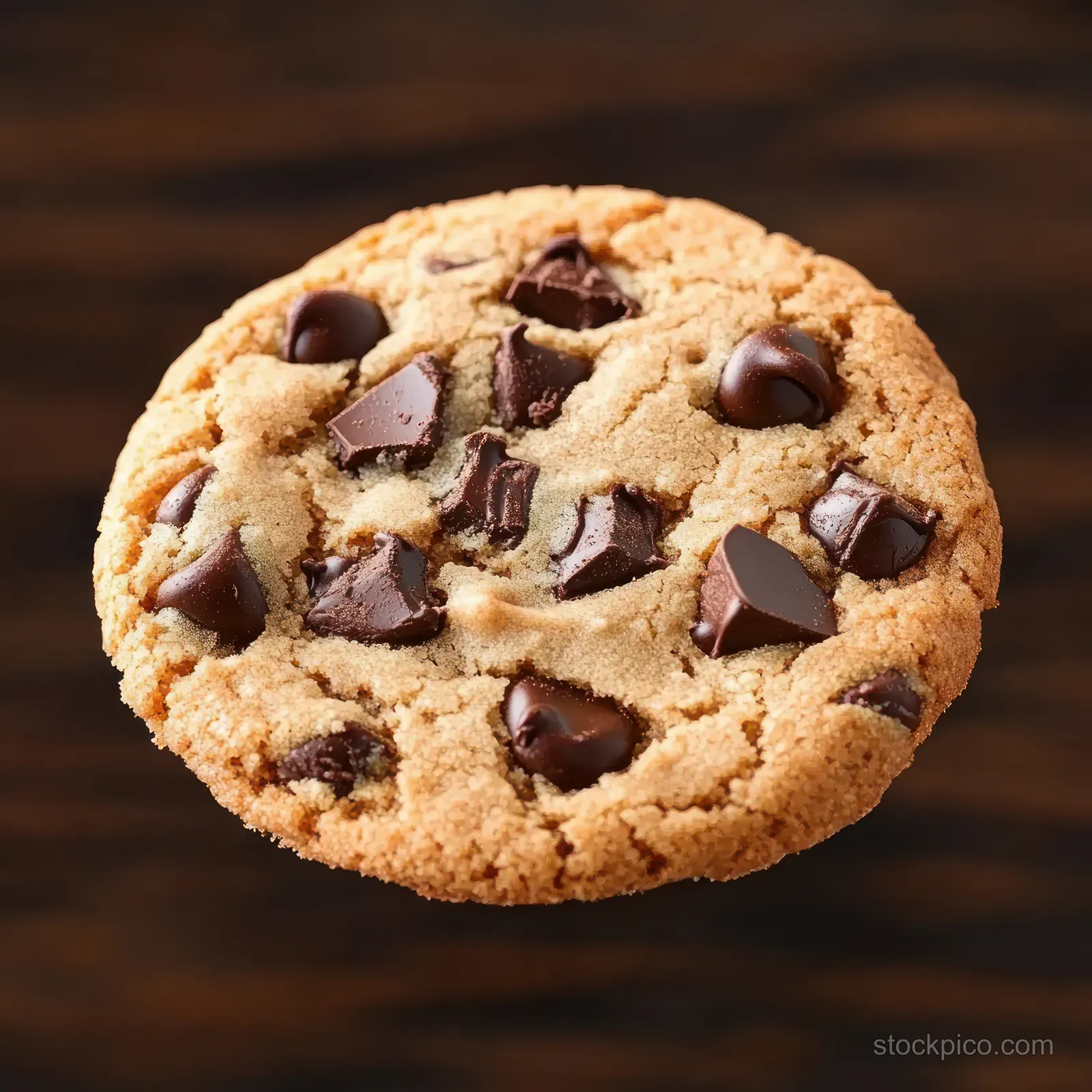 Close-up chocolate chip cookie with visible melted chocolate chunks and crumbly edges on a clean white background.