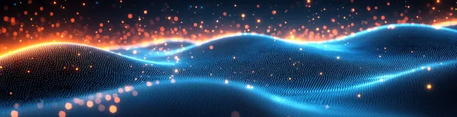 Neon glowing wave and connected hexagonal network patterns form a futuristic medical technology background.