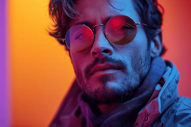 A bearded man wears round sunglasses reflecting bright colors against an orange and purple gradient background.