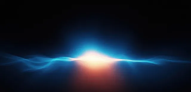 A glowing blue light beam crosses a dark abstract background with soft gradient and grainy noise texture.