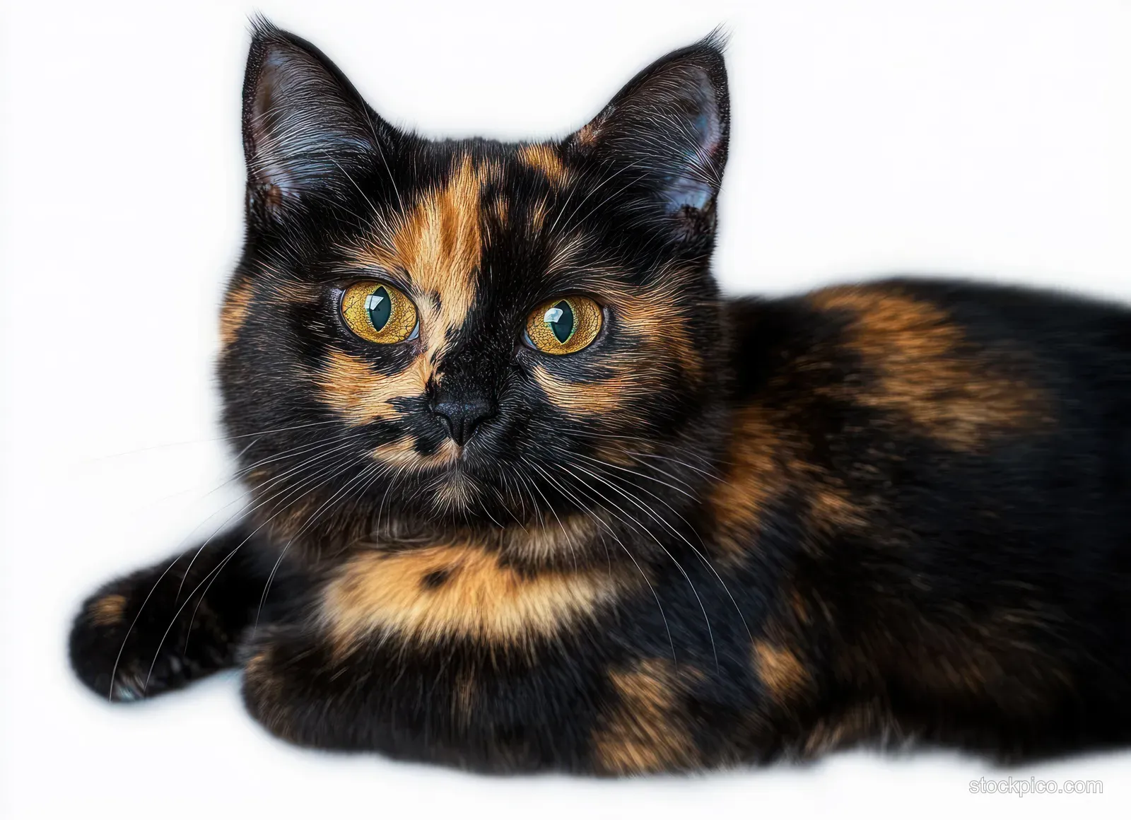 A calm tortoiseshell cat lies on a white background with bright yellow eyes and detailed black and orange fur.