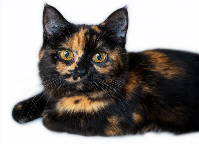 Tortoiseshell cat lying calmly on white background, vivid yellow eyes and black-orange fur