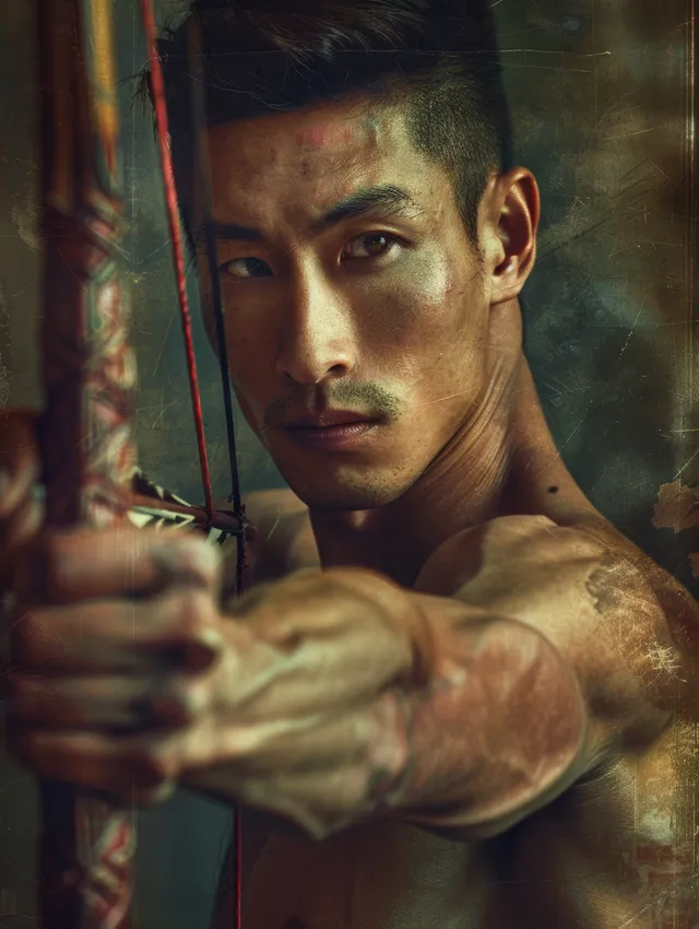 Chinese archer draws a recurve bow, intense portrait with dramatic shadows and target focus