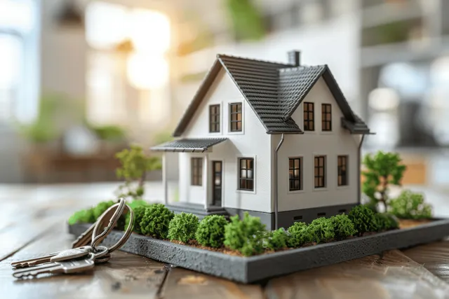 White house model on a countertop with metal keys nearby under warm sunlight.