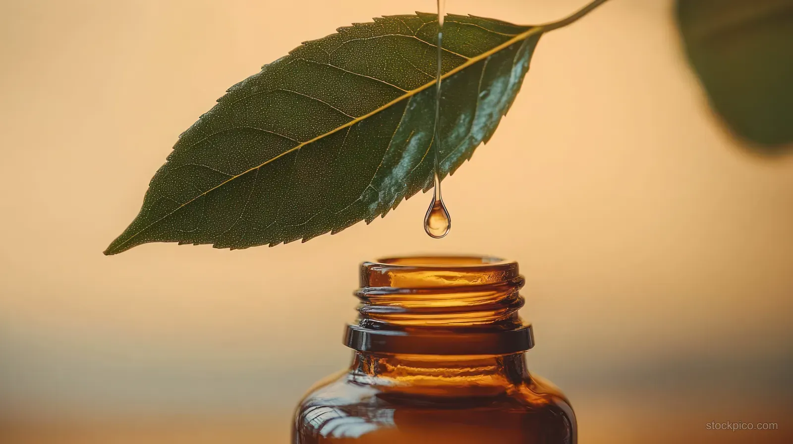 Green leaf dripping a liquid drop into an open amber glass bottle on a warm beige background.