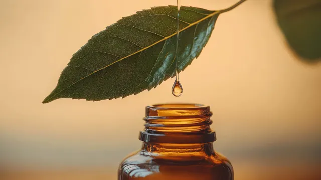 Fresh green leaf dripping a drop of liquid into amber glass bottle on warm beige