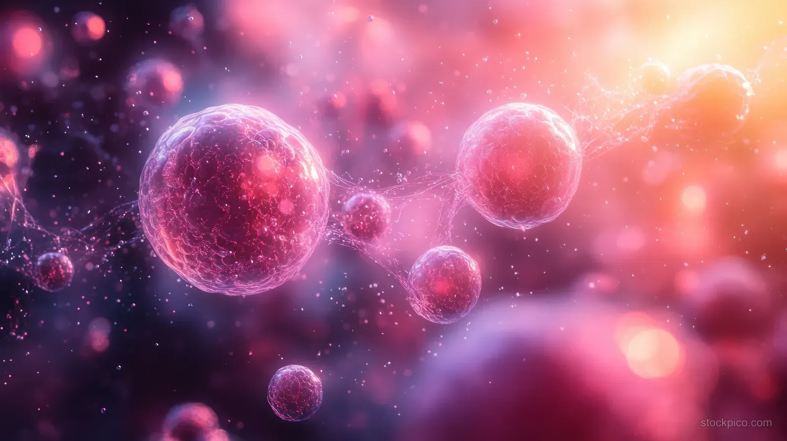 3D stem cell spheres float over a glowing microscopic background with pink and purple bokeh particles.