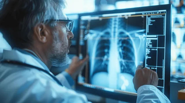 A radiologist points at a chest X-ray shown on a computer screen during a hospital diagnosis review.