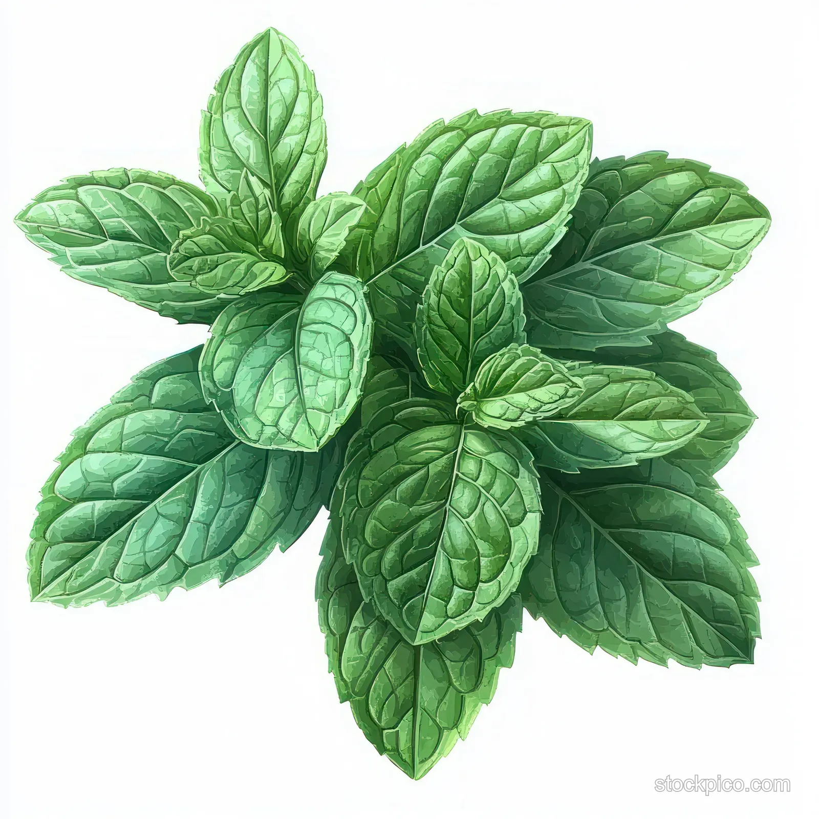 Top-down view of fresh green mint leaves with visible veins arranged on a white background.
