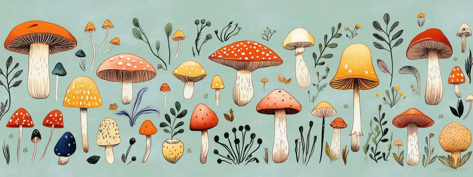 Assorted colorful mushrooms and small leafy plants arranged on a soft blue background in an illustrated scene.