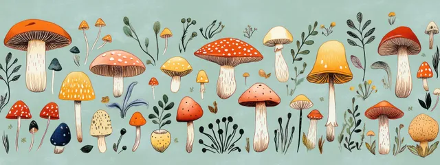 Colorful mushroom and small plant illustration on a soft blue background with delicate foliage