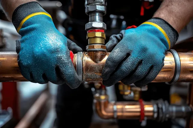 Blue-gloved hands tighten a copper plumbing fitting on an indoor pipe with tools visible around it.