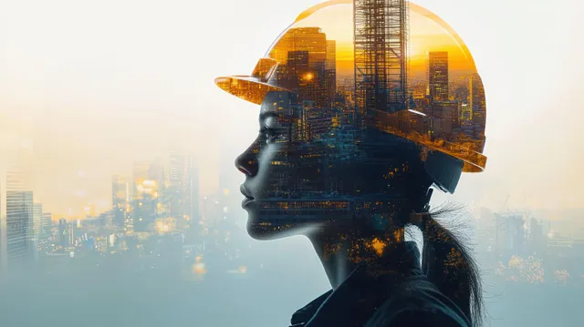 Silhouette of a construction worker with a hard hat blended over a dawn city skyline.