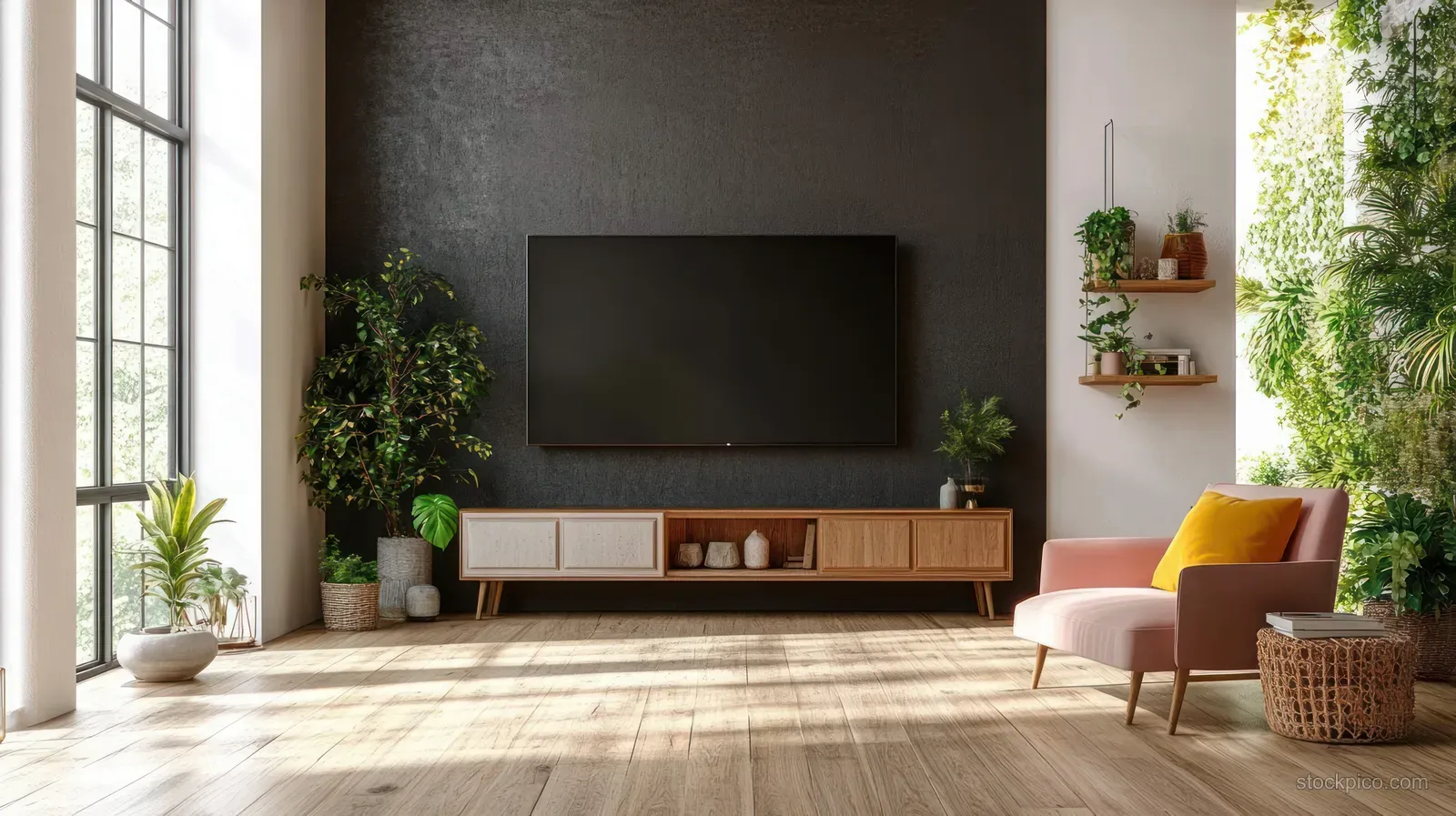 Minimal living room interior with a wall-mounted TV, pink armchair, and wooden flooring beside large windows.