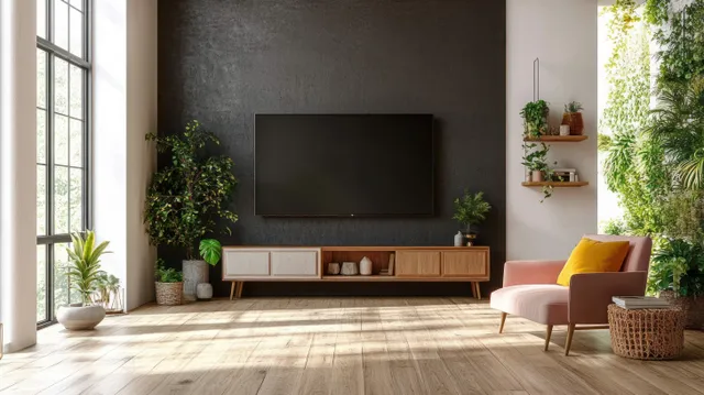 Minimal living room interior with a wall-mounted TV, pink armchair, and wooden flooring beside large windows.