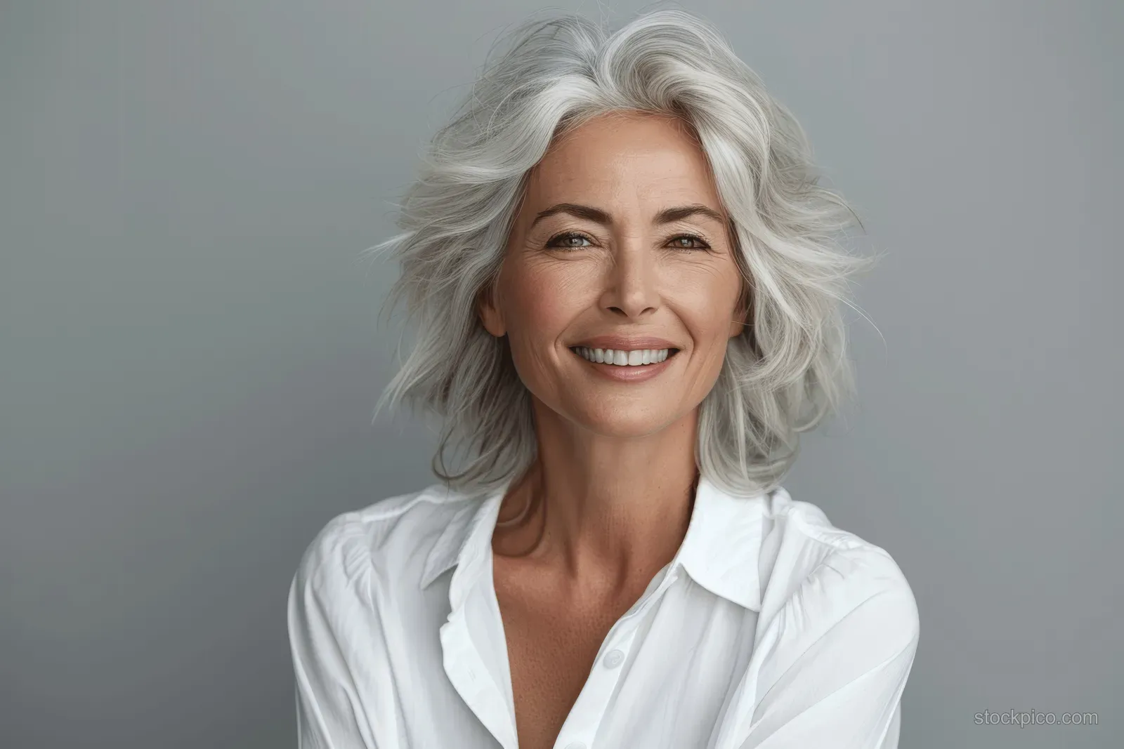 Silver-haired senior woman in a white shirt smiles warmly against a soft gray background.