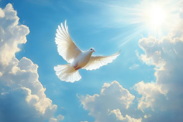 A white dove soars above fluffy clouds in a bright blue sky with soft glowing sunlight.