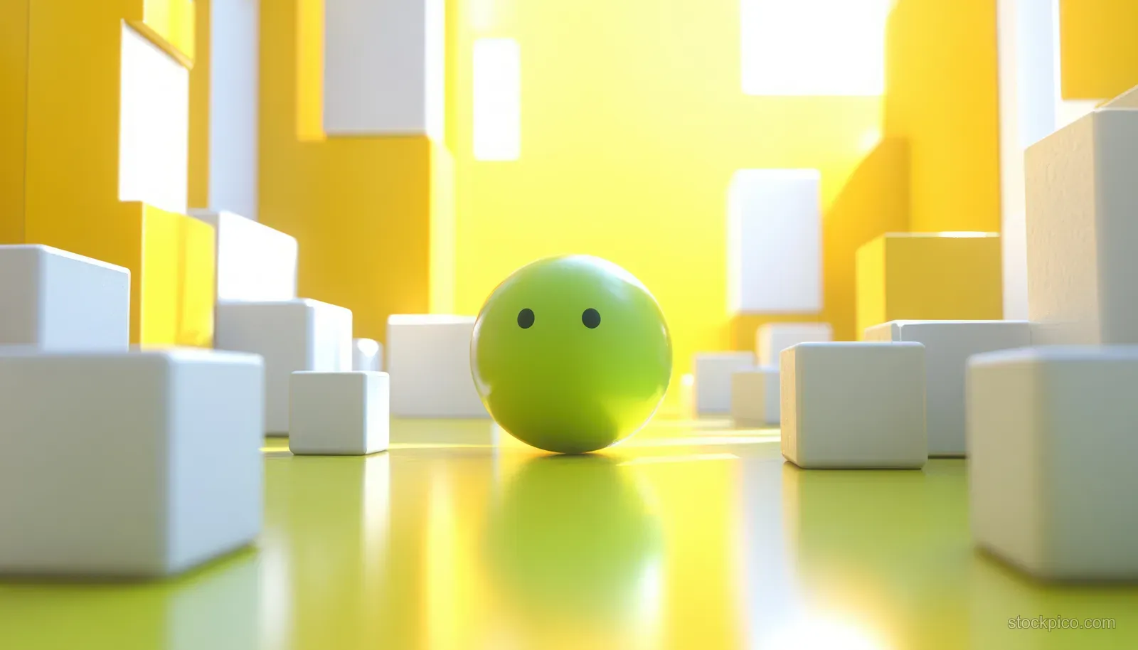 A green sphere leads white cubes down a bright yellow abstract corridor with soft reflections.