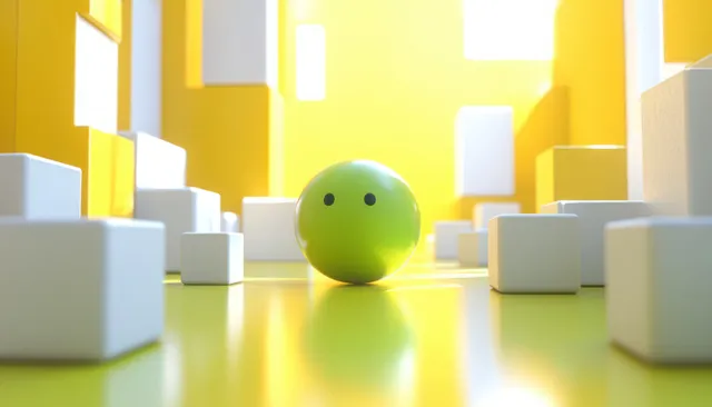 Green sphere leading a line of white cubes across a bright yellow abstract corridor