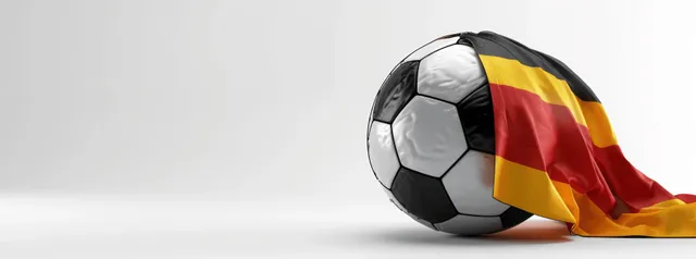 German flag soccer ball leaning on white background, studio lighting and shadow