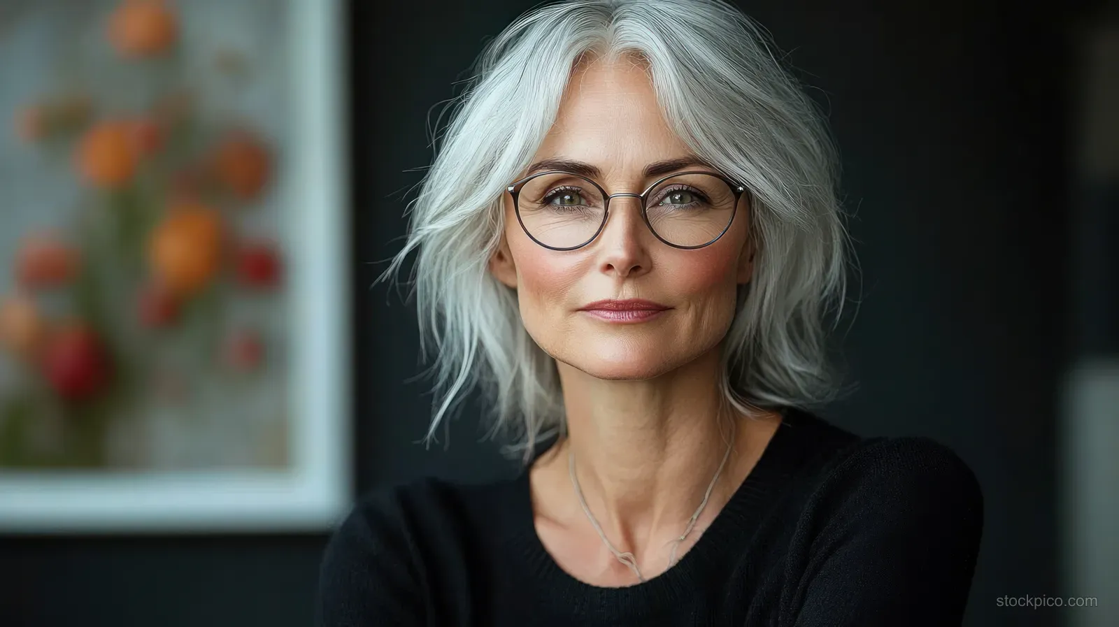 A mature woman with silver hair and glasses poses calmly indoors in a black sweater under soft lighting.